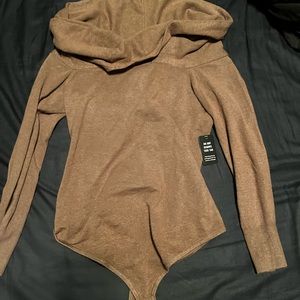 Cozy brown off the shoulder bodysuit sweater